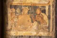 Ajanta Cave 2, hall, left wall. Bhagvatprasuti, EPISODE 3: 'Maya is telling the king of her dream of a white elephant entering in her body.' (#65, Schlingloff 2013, vol. I, 376)