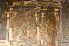 Ajanta Cave 2, hall, left wall. Bhagvatprasuti, EPISODES 4, 6. Episode 4 (left): 'The royal couple [Shuddhodana and Maya] are holding a talk with three brahmins who are sitting before them, to interpret Maya's dream.' Episode 6 (right): 'With her spiritual eye, Maya is seeing the Bodhisatva inside her womb.' (#65, Schlingloff 2013, vol. I, 376)