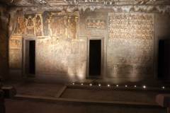 Ajanta Cave 2, hall, left wall. Left: Bhagvatprasuti (#65, Schlingloff 2013, vol. I, 376-77). Centre and right: intrusive Buddha figures donated by unknown petty donors in the empty spaces in the aftermath of the abandonment of the caves (Spink's 478-490 CE).