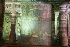 Ajanta Cave 2, hall, rear wall, left of main shrine. Mahapratiharya (Miracle of Shravasti). '(C) [above the main Buddha figure:] the mango tree that sprouted miraculously. (D) The gods Brahma and Indra flanking the Buddha, whose feet rest on the lotus from which emerge the emanations.' (#89 Schlingloff 2013, vol. I, 510)