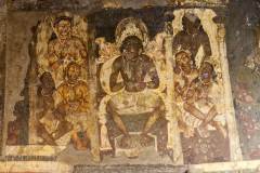 Ajanta Cave 2, hall, left wall. Bhagvatprasuti, EPISODE 1: 'The Bodhisatva, seated on a throne in the Abode of the Blessed and flanked by two whisk-bearers, is deliberating his imminent descent to Earth with the gods of that heaven, who are sitting at his feet.' (#65, Schlingloff 2013, vol. I, 376)