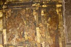 Ajanta Cave 2, hall, left wall. Bhagvatprasuti, EPISODES 4, 6. Episode 4 (left): 'The royal couple [Shuddhodana and Maya] are holding a talk with three brahmins who are sitting before them, to interpret Maya's dream.' Episode 6 (right): 'With her spiritual eye, Maya is seeing the Bodhisatva inside her womb.' (#65, Schlingloff 2013, vol. I, 376)