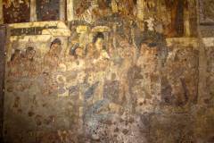 Ajanta Cave 2, hall, left wall. Bhagvatprasuti, EPISODES 7, 9, 11. Episode 7 (left): 'At the royal court, preparations are made for the excursion (?)' Episode 9 (centre): 'In the grove of Lumbini, Maya, who is accompanied by two maidservants, has seized the branch of a tree, and gods Indra and Brahma have recieved the newborn.' Episode 11 (right): 'With Indra holding a parasol over the Bodhisatva, he is taking the seven steps indicated by seven lotus blossoms.' (#65, Schlingloff 2013, vol. I, 376-77)