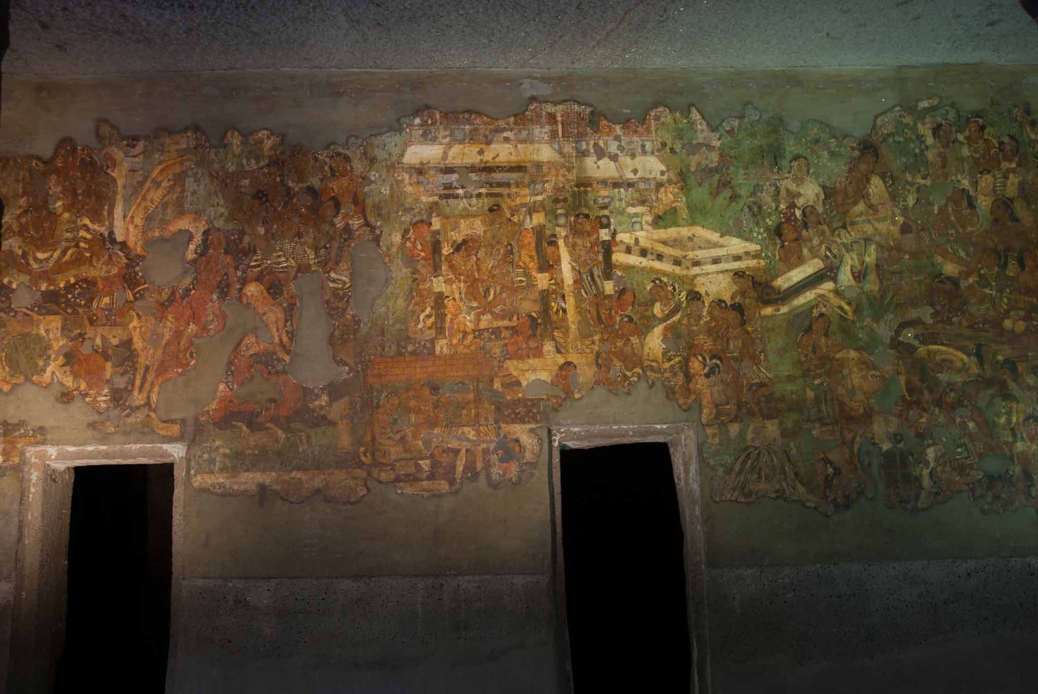 Ajanta, Cave 1, hall, left wall. Shankhapala on left and Janaka on right (#59, #45, Schlingloff 2013, vol. III)